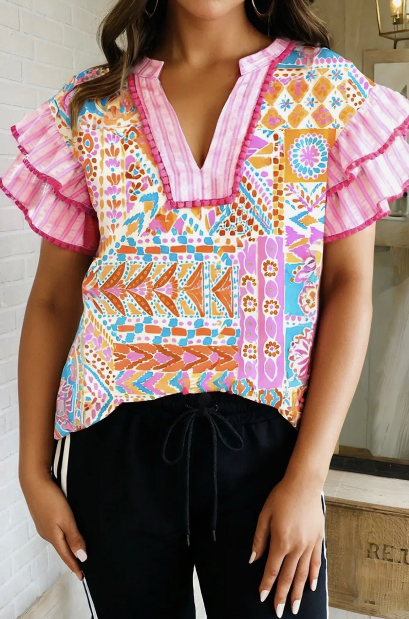 Mixed print patchwork blouse