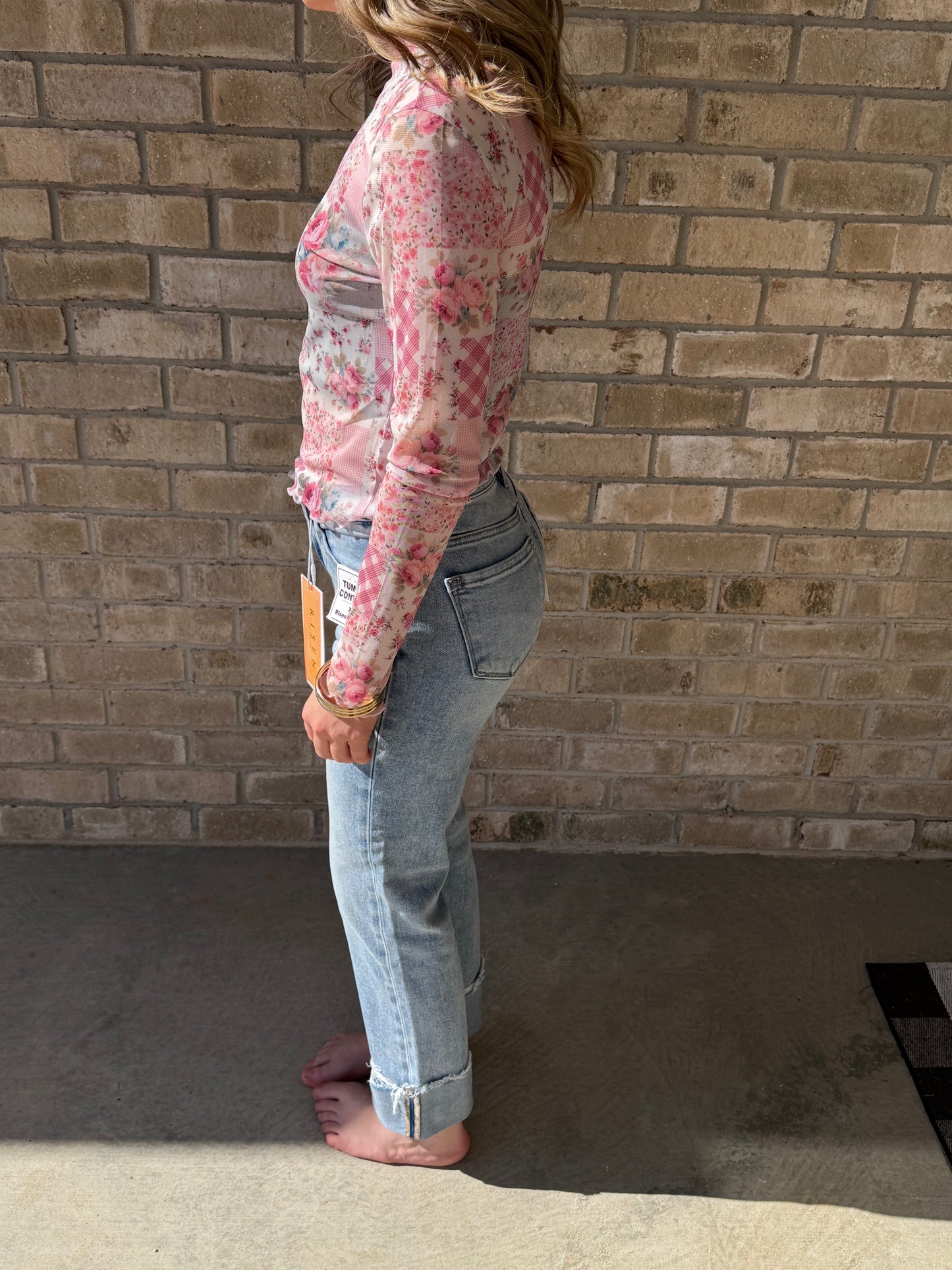 Patchwork floral mesh top