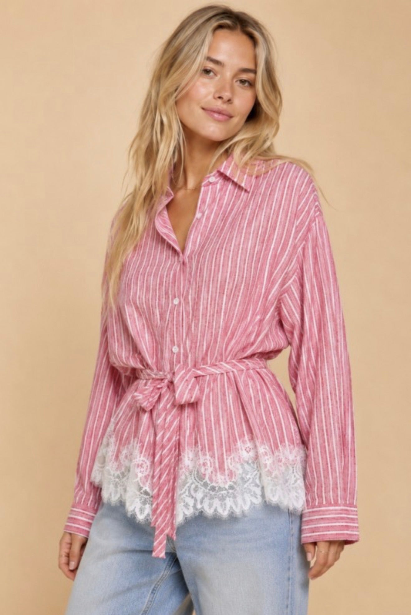 Blushing Belle Lace Button-Up