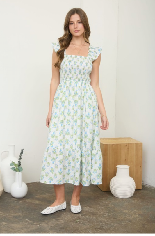 Smocked sleeveless midi dress