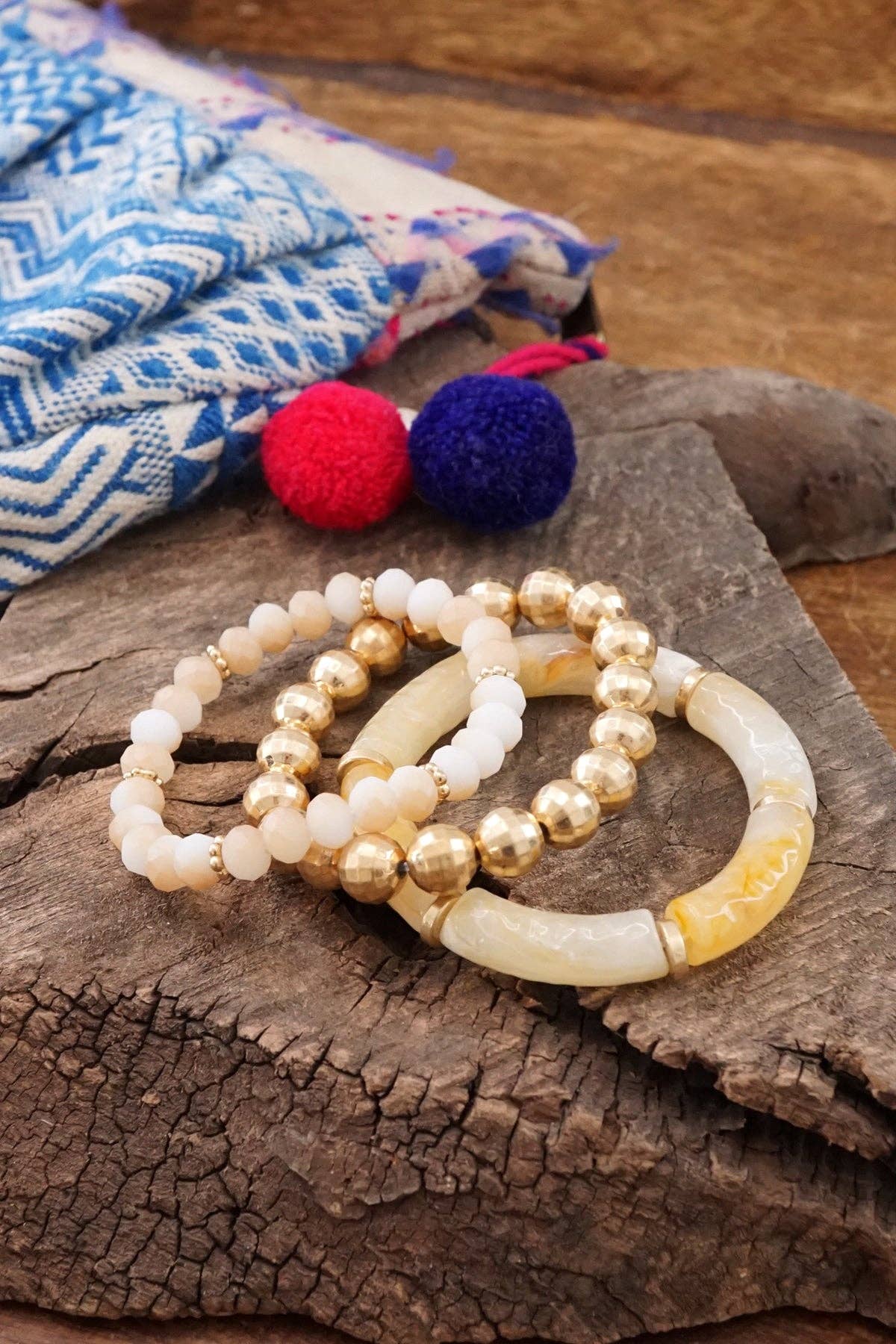 Bracelet Stack of 3 pieces Neutrals Acrylic Tubes Glass and Golden beads
