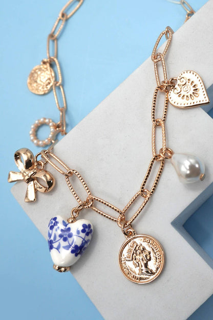 CERAMIC PORCELAIN BOW HEART CHARM LINK NECKLACE
