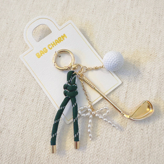 Par Tee Golf Bag Charm – Chic Gold & Forest Green Accent with Golf Club and Ball Charms