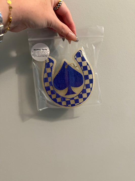 Horseshoe spade car freshie (blue)