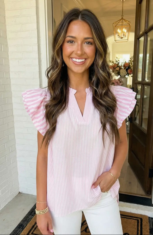 Pink flutter sleeve stripe blouse