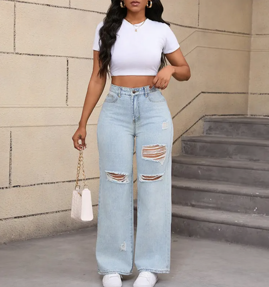 The Stevie Distressed Wide Leg Jeans