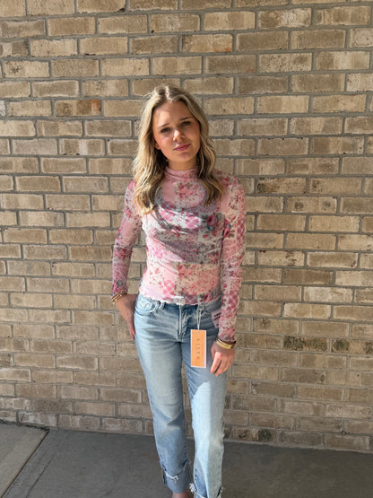 Patchwork floral mesh top