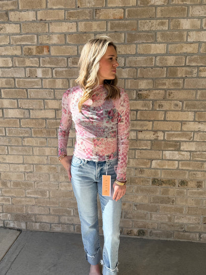 Patchwork floral mesh top