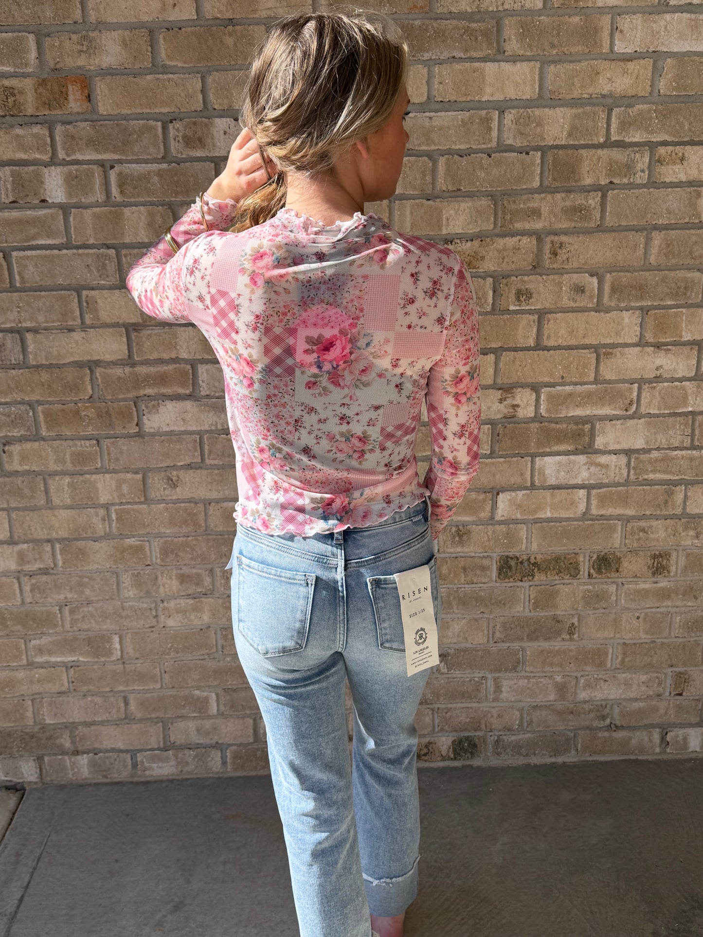 Patchwork floral mesh top