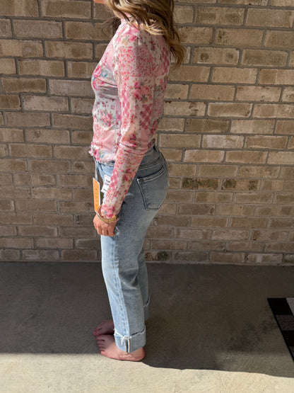Patchwork floral mesh top