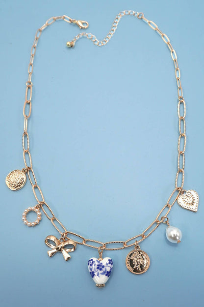 CERAMIC PORCELAIN BOW HEART CHARM LINK NECKLACE
