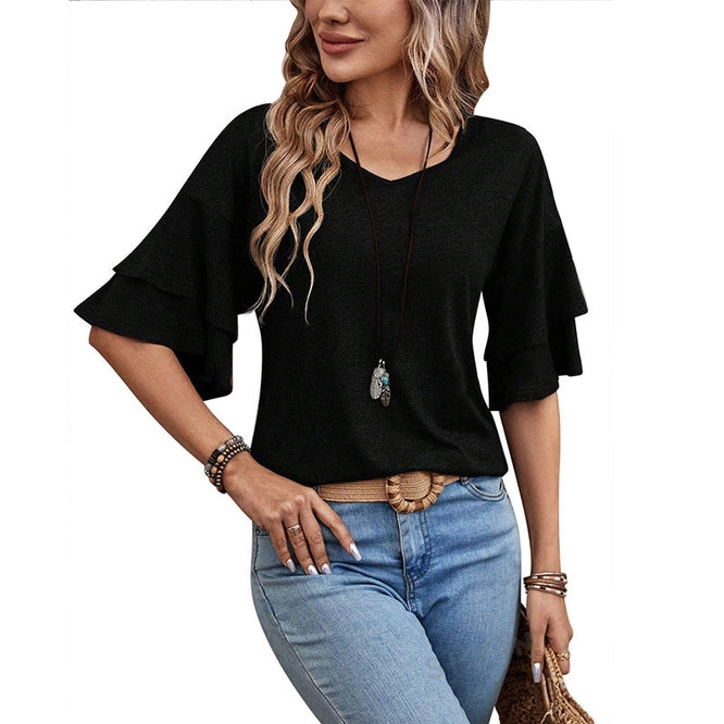 V neck ruffle sleeve shirt