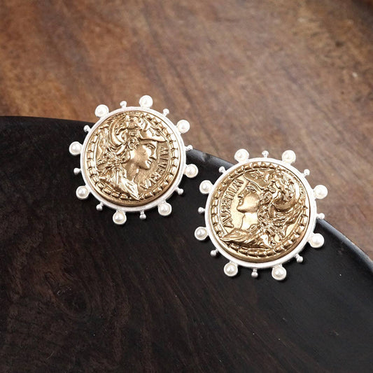 Boho Coin Statement Stud Earrings – Silver and Gold Tone