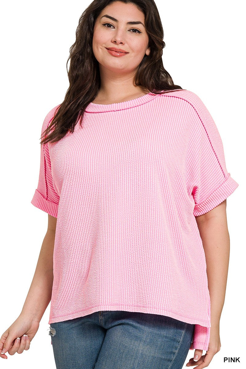 Plus Raised Rib Cuff Sleeve Raw Edge Top