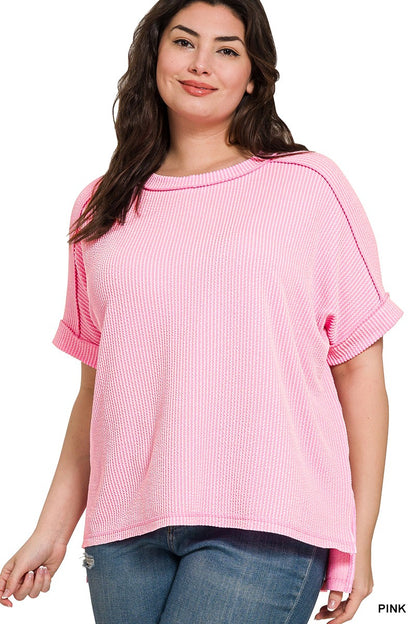 Plus Raised Rib Cuff Sleeve Raw Edge Top